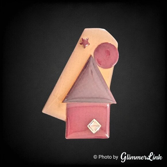 VTG Lucinda Red Brown House Square Rhinestone Moon Star Mixed Media Brooch Pin - Picture 1 of 7